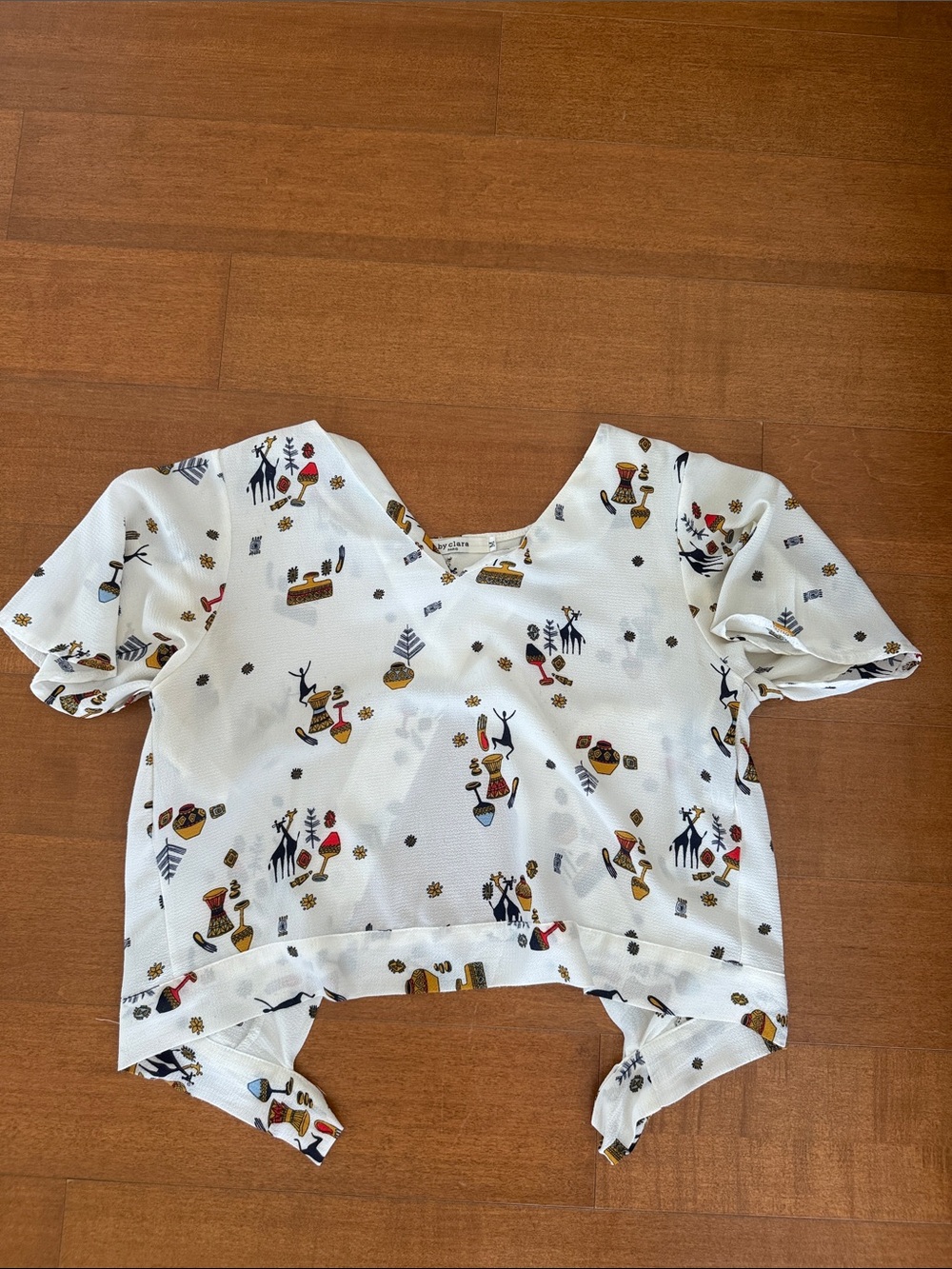 White Tie Puff Sleeve Novelty Print Crop Blouse